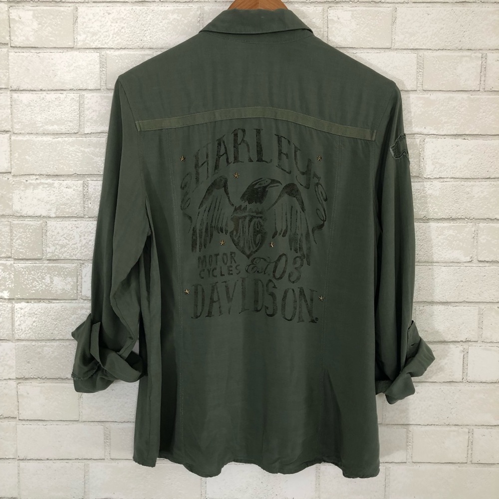 Harley Davidson eagle back olive button down shirt